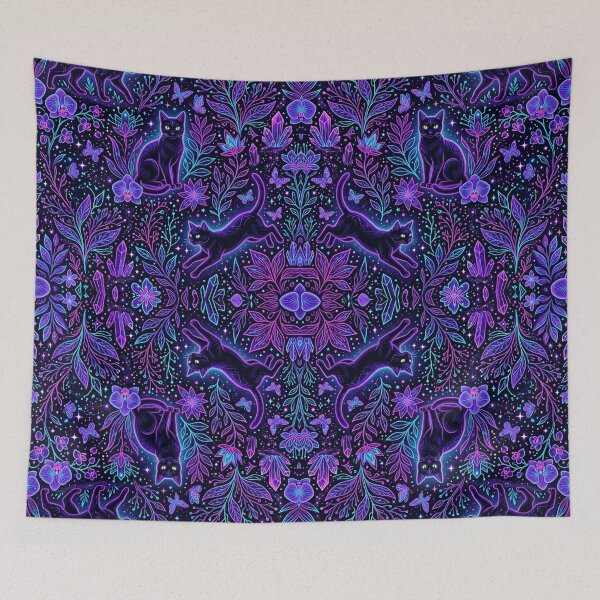 Item preview, mystical gothic cat floral pattern, dark purple boho wallpaper, witchy celestial feline seamless designed and sold by ArtDesignTp.