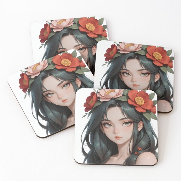 Item preview, Crimson Blossom Muse – Elegant Floral Anime Portrait designed and sold by Killington.