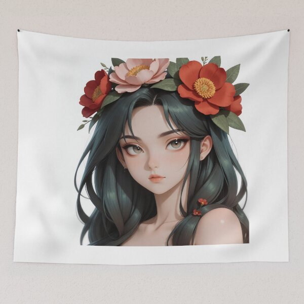 Item preview, Crimson Blossom Muse – Elegant Floral Anime Portrait designed and sold by Killington.