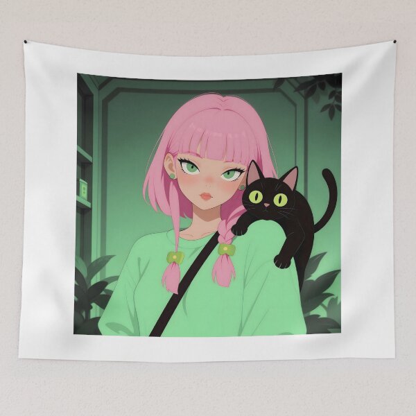 Item preview, Pink Hair & Midnight Cat – Pastel Witchy Anime Aesthetic designed and sold by Killington.