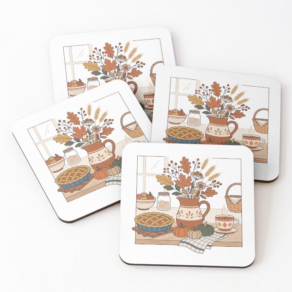 Item preview, Cozy Autumn Kitchen Table Still Life with Pumpkin Pie designed and sold by Mellow Doodle Co..