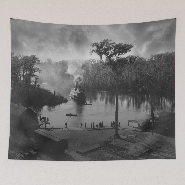Item preview, 1886 Steamboat approaching dock, view from the Morgan house, Silver Springs, Florida vintage black and white photograph designed and sold by Astrid Arkhangelsky.