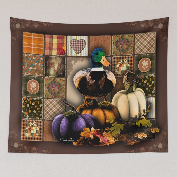 Item preview, Autumn Patchwork Mallard & Pumpkins – Cozy Fall Quilt Art designed and sold by ArtistsAtticWI.