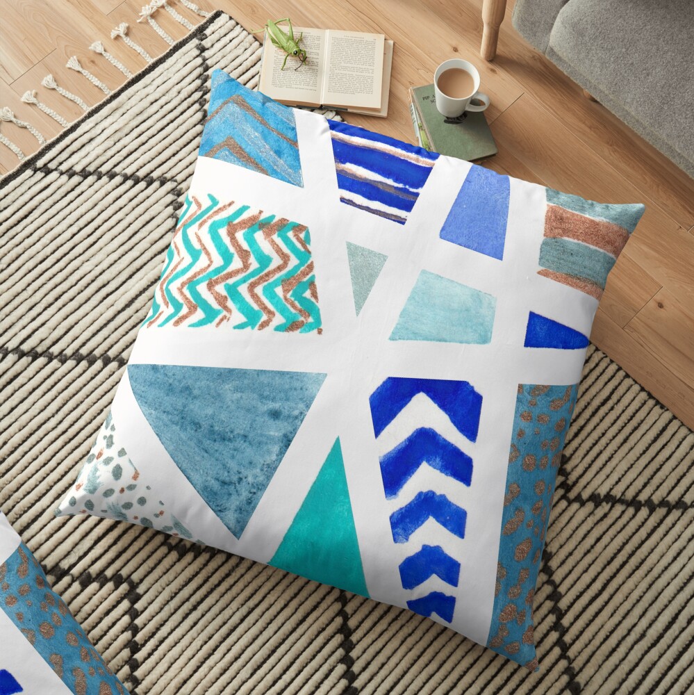 Unique Blue and Gold Tape Resist Watercolor Floor Pillow