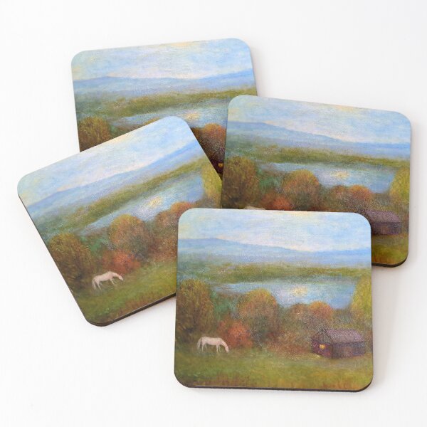 Item preview, Cozy Cabin and White Horse Impressionist Landscape Painting designed and sold by CalmiSpace.