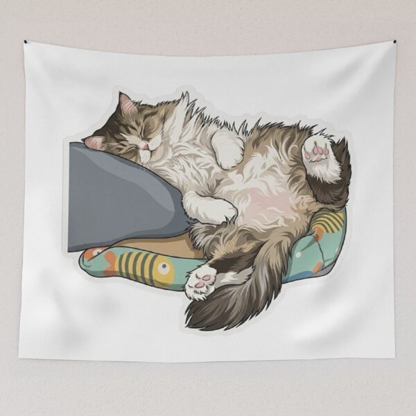 Item preview, Sleeping Fluffy Cat on Fish Bed | Cute Lazy Cat Illustration designed and sold by PetalsPaws.