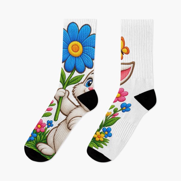 Item preview, Cute Bunny With Blue Flower – Colorful Floral Art designed and sold by Design Sounds Studio.