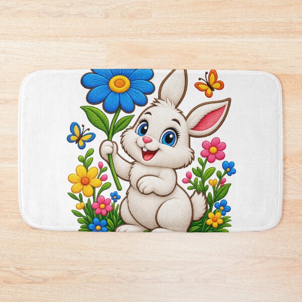 Item preview, Cute Bunny With Blue Flower – Colorful Floral Art designed and sold by Design Sounds Studio.