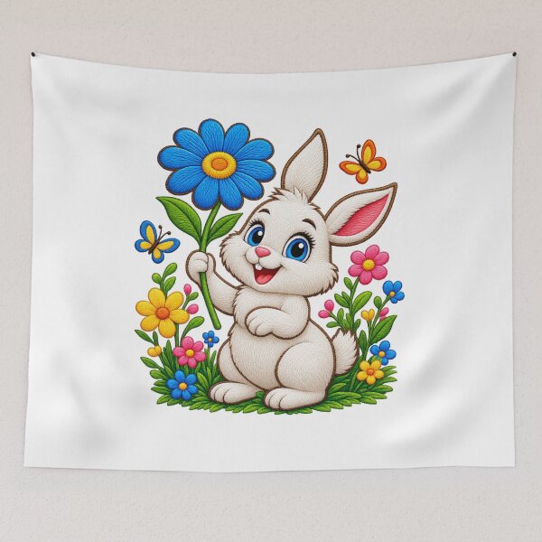 Item preview, Cute Bunny With Blue Flower – Colorful Floral Art designed and sold by Design Sounds Studio.