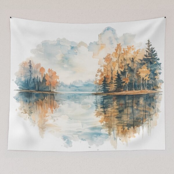 Item preview, Autumn Lake Watercolor Landscape – Serene Forest Reflection designed and sold by CreativeNest Prints.