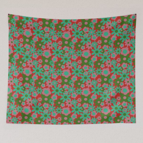 Item preview, Retro Groovy Floral Repeat in Red, Aqua and Pink designed and sold by StefanStudioArt.