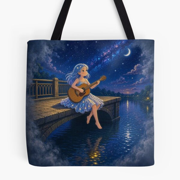 Item preview, Starlit Serenade: Anime Girl Playing Guitar on the Bridge designed and sold by Breezes-of-Ida.