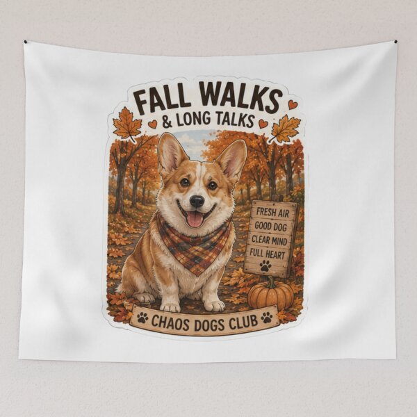 Item preview, Fall Walks and Long Talks Corgi Design | Chaos Dogs Club Autumn Dog Walk designed and sold by DailyStruggleCo.