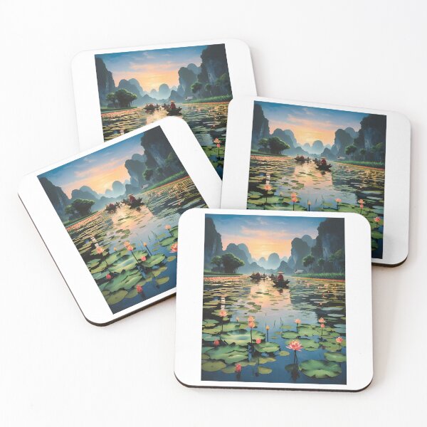Item preview, Lotus Flowers In A Lake Vietnam At Dusk Under The Stars With Boats Travelling Scenic designed and sold by Garstshop.