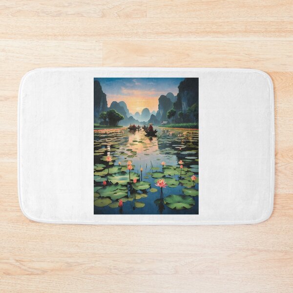 Item preview, Lotus Flowers In A Lake Vietnam At Dusk Under The Stars With Boats Travelling Scenic designed and sold by Garstshop.