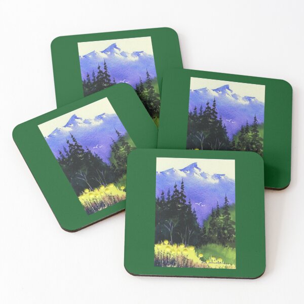 Item preview, Blue Mountain Yellow Flowers, Watercolor Landscape designed and sold by aswoa.