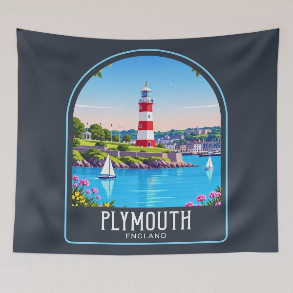 Artikelvorschau, Plymouth Vintage Reiseillustration entworfen und verkauft von HomeLivingCo.
