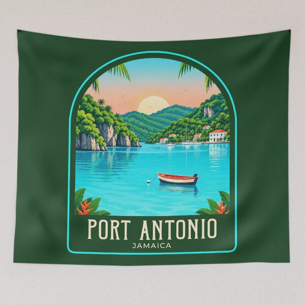 Item preview, Port Antonio Vintage Travel Illustration designed and sold by HomeLivingCo.