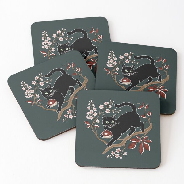 Item preview, Black Cat Cottagecore with Chestnut and Cherry Blossom Folk Art designed and sold by LeshanArt.