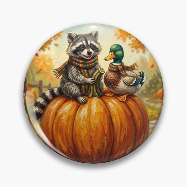 Item preview, Autumn Friends Raccoon & Duck on Giant Pumpkin - Cosy Fall Art designed and sold by Silly Goose Party.