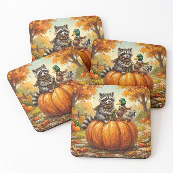 Item preview, Autumn Friends Raccoon & Duck on Giant Pumpkin - Cosy Fall Art designed and sold by Silly Goose Party.