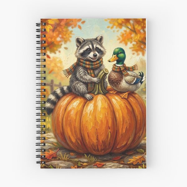 Item preview, Autumn Friends Raccoon & Duck on Giant Pumpkin - Cosy Fall Art designed and sold by Silly Goose Party.