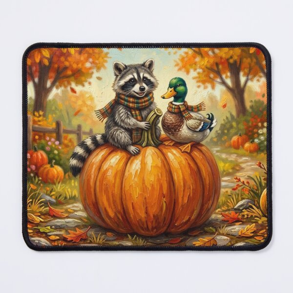 Item preview, Autumn Friends Raccoon & Duck on Giant Pumpkin - Cosy Fall Art designed and sold by Silly Goose Party.