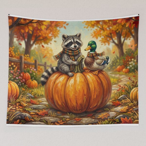 Item preview, Autumn Friends Raccoon & Duck on Giant Pumpkin - Cosy Fall Art designed and sold by Silly Goose Party.