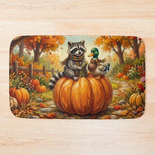 Item preview, Autumn Friends Raccoon & Duck on Giant Pumpkin - Cosy Fall Art designed and sold by Silly Goose Party.