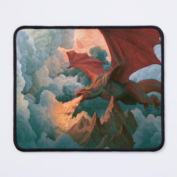 Item preview, A colossal Dragon soaring above jagged mountain peaks breathing streams of fire beneath storm-filled skies, Fantasy & Mythological Creatures designed and sold by CDC40.
