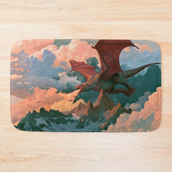 Item preview, A colossal Dragon soaring above jagged mountain peaks breathing streams of fire beneath storm-filled skies, Fantasy & Mythological Creatures designed and sold by CDC40.