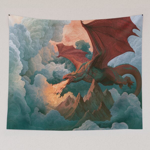 Item preview, A colossal Dragon soaring above jagged mountain peaks breathing streams of fire beneath storm-filled skies, Fantasy & Mythological Creatures designed and sold by CDC40.