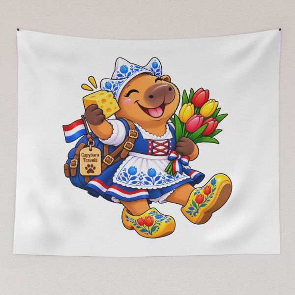 Item preview, Cute Dutch Capybara – Holland Mode On – Tulips, Cheese & Clogs designed and sold by CapybaraTravels.