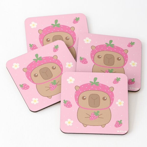 Item preview, Cute Kawaii Capybara Wearing Strawberry Hat Holding Strawberry designed and sold by DrawnByAllu.