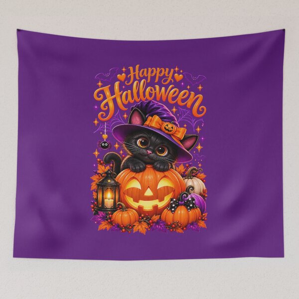 Item preview, Happy Halloween - Kitten on pumpkin in Witch hat designed and sold by Her2Harmony.