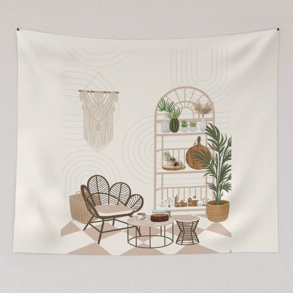 Item preview, Boho Chic Living Room Interior and Cozy Coffee Corner Art designed and sold by HBBS DESIGNS.