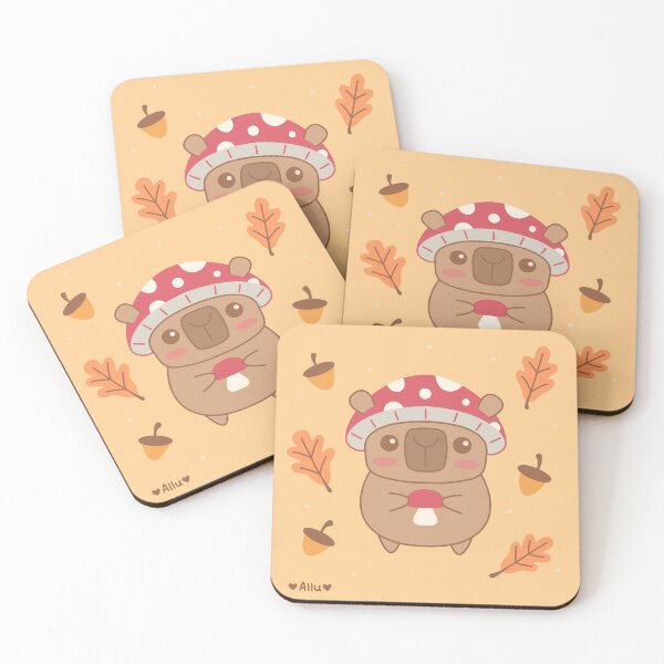Artikelvorschau, Niedliches Kawaii-Capybara mit Pilzhut und Pilz in der Hand entworfen und verkauft von DrawnByAllu.