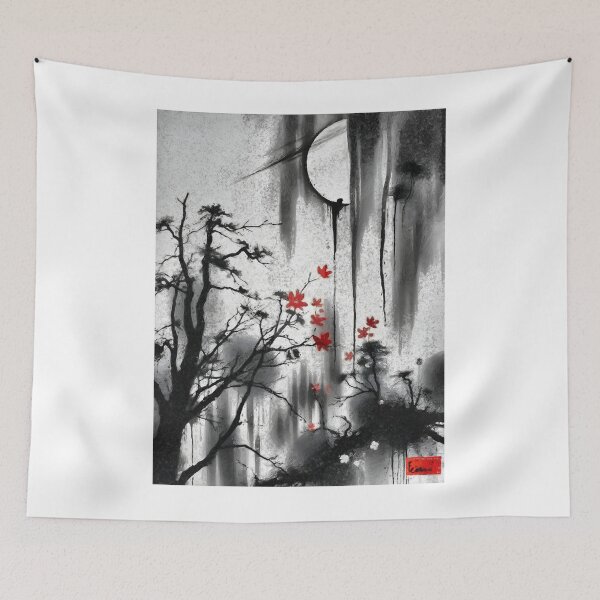 Item preview, Sumi-e Japanese Ink Landscape Crescent Moon Red Maple designed and sold by AlexaFurqan.