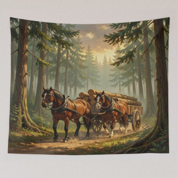 Item preview, Forest Horse Logging – Powerful working horses in the forest, rustic woodland scene designed and sold by FotoworldEdel.