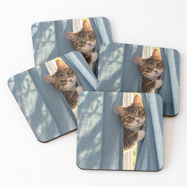 Item preview, Curious Cat Peeking Through Blue Curtains designed and sold by Kimberly Palmer.
