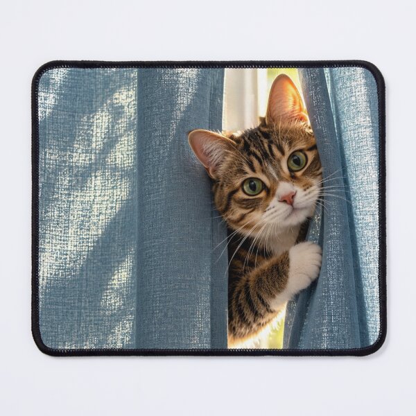 Item preview, Curious Cat Peeking Through Blue Curtains designed and sold by Kimberly Palmer.