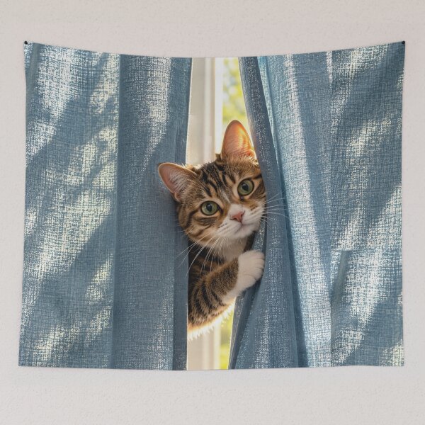 Item preview, Curious Cat Peeking Through Blue Curtains designed and sold by Kimberly Palmer.