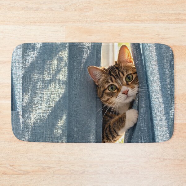 Item preview, Curious Cat Peeking Through Blue Curtains designed and sold by Kimberly Palmer.
