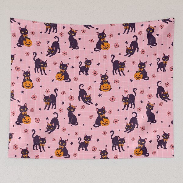 Item preview, Cute Black Cat with Orange Bow | Pink Floral Star Girly Cat Design designed and sold by Uniquememorable.