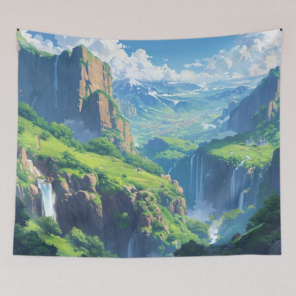 Item preview, Hidden Valley of Waterfalls | Anime Fantasy Landscape designed and sold by bella-rosa87.