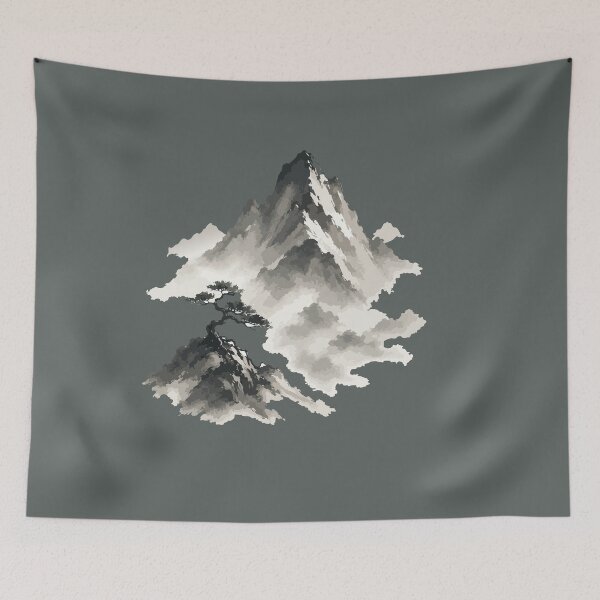 Item preview, Japanese Mountain & Bonsai Landscape Ink Painting designed and sold by SimplePoDesign.