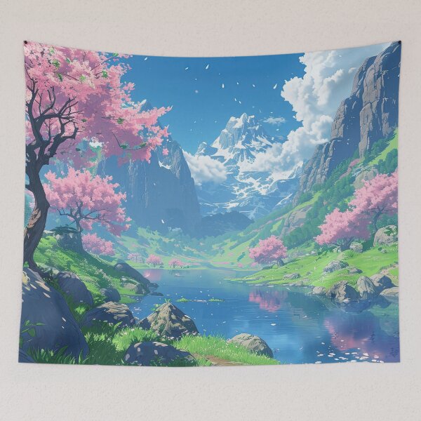 Item preview, Blossom Lake Beneath the Mountains | Anime Fantasy Scenery designed and sold by bella-rosa87.
