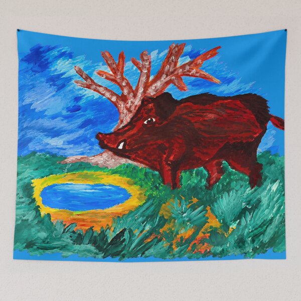 Item preview, Wild Boar at the Forest Pond – Rustic Wildlife Painting designed and sold by SVox.