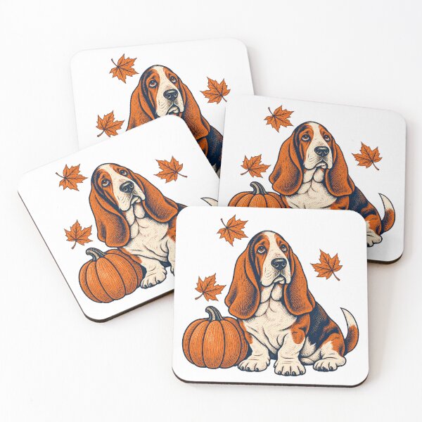 Item preview, Autumn Basset Hound with Pumpkin – Vintage Fall Dog Art designed and sold by Jaani-T.