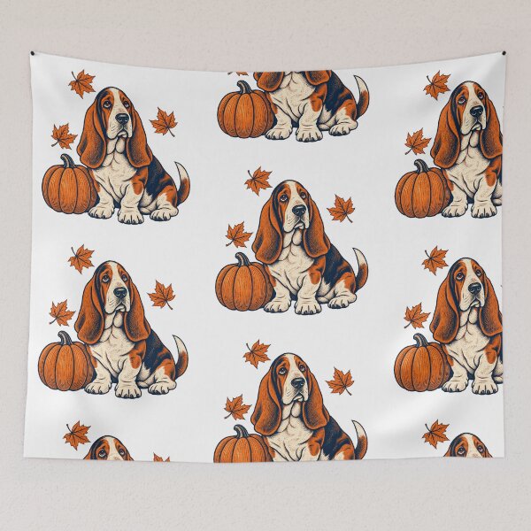 Item preview, Autumn Basset Hound with Pumpkin – Vintage Fall Dog Art designed and sold by Jaani-T.
